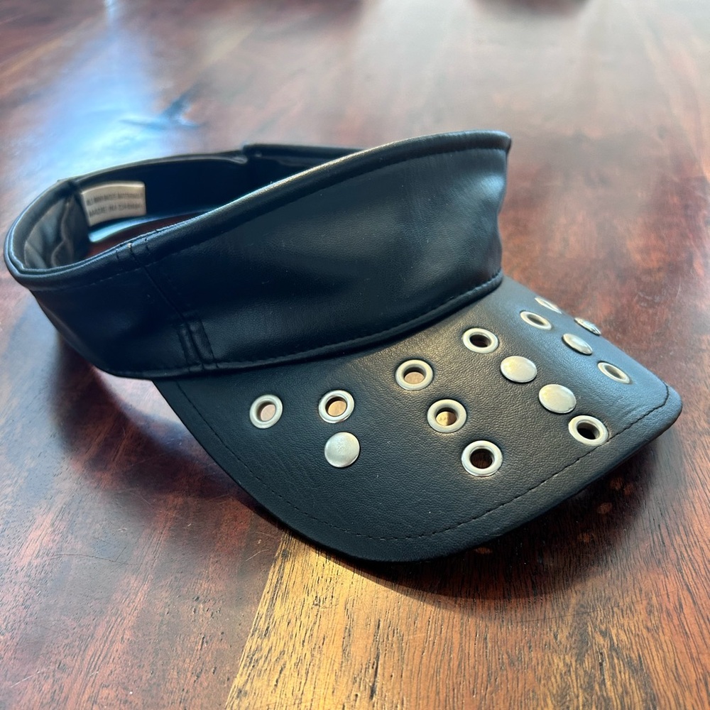 Vintage 90s Faux Leather Black Visor Gabber Dark Raver Goth Biker